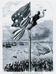 Les Britanniques abandonnant New York, alors que le drapeau américain est hissé, 25 novembre