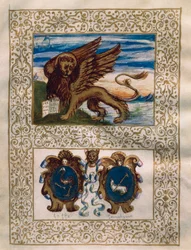 Le lion ailé de Venise et les armoiries de Leffe et Gandino, miniature du Privilegio della Serenissima alla Val Gandino, 18 juin