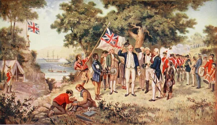Le capitaine Cook prenant possession de la Nouvelle-Galles du Sud, 1770, illustration tirée de «L