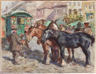 Cheval noir avec des maisons à l