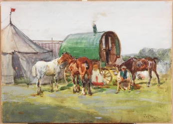 Trois chevaux et une caravane au toit vert
