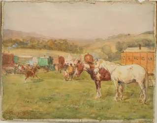 Deux chevaux et une caravane de cirque
