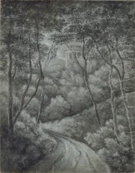 Paysage avec un chemin à travers une forêt et un temple classique