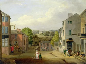 Scène de rue à Chorley, Lancashire, avec vue de Chorley Hall, vers 1790-1817