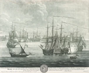 Vue de Bombay (Inde), dédiée au directeur de la British East India Company. Gravure par John Bowles