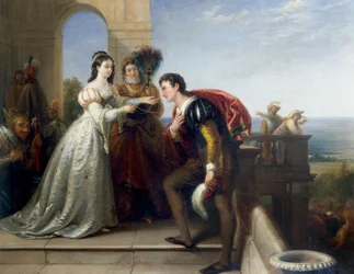 "Rosalinde et Orlando" Personnages de la pièce de théâtre "Comme il vous plaira" de William Shakespeare. (Rosalinde et Orlando, de la pièce de théâtre "Comme il vous plaira" de William Shakespeare) Peinture de John Bridges (1818-1854) Collection privée