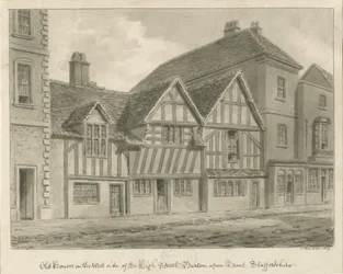 Burton-upon-Trent - Vieilles Maisons sur High Street (dessin sépia, 1839)