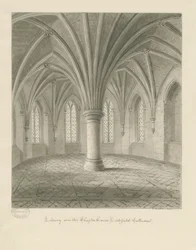 Intérieur de la cathédrale de Lichfield - Bibliothèque au-dessus de la salle capitulaire : dessin sépia