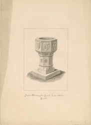 Lancashire - Église de Waddington - Fonts baptismaux (dessin sépia, 1808)