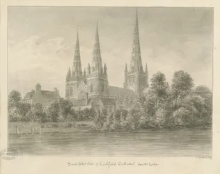 Cathédrale de Lichfield - Vue sud-ouest : dessin sépia