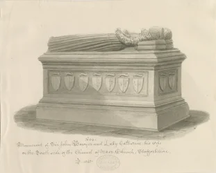 Église de Maer - Monument à Sir John Bowyer et Lady Catherine : dessin au lavis sépia, 1843