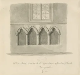 Église de Norbury - Stalles des prêtres : dessin au lavis sépia, 1843