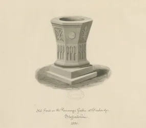 Penkridge - Fonts baptismaux dans le jardin du presbytère : dessin sépia