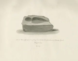 Église de Standon : Ancien cercueil en pierre : dessin sépia, 1847