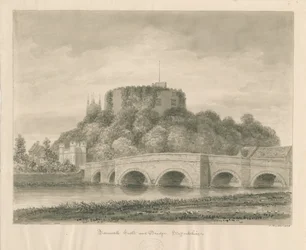 Château et pont de Tamworth : dessin sépia