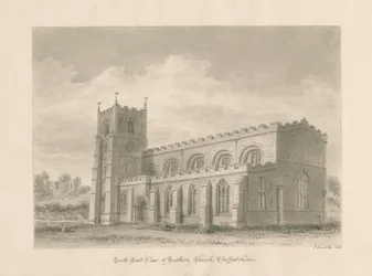 Église prieurale de Tutbury : dessin au lavis sépia, 1812
