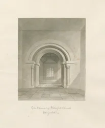 Église de Waterfall - Intérieur du chœur : dessin sépia, 1847