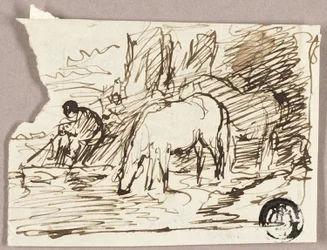 Esquisse de chevaux abreuvant et pêcheur