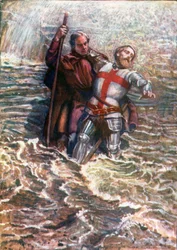 Un espoir aide un chrétien à traverser la rivière (lithographie couleur)