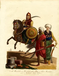 Mamelouke à cheval avec un Sioten et un soldat arabe bédouin
