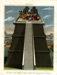 Teocalli ou temple des idoles à Mexico avec le prêtre offrant un sacrifice humain