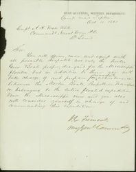 Lettre signée J.C. Fremont, Major Général Commandant, Quartier Général, Département de l