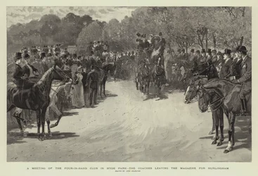 Réunion du Four-in-Hand Club à Hyde Park, les carrosses quittant le Magazine pour Hurlingham