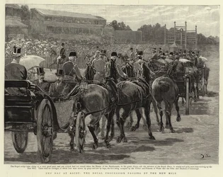 Jour de la Coupe à Ascot, le Cortège Royal passant par le Nouveau Mile