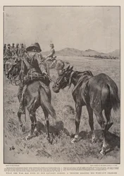 Ce que la guerre a fait à nos chevaux de cavalerie, un soldat menant son cheval épuisé