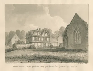 Worcestershire - Droitwich - Église Saint-Pierre - Ancien manoir : dessin sépia, 1833