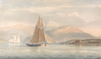 Bateau naviguant vers la droite avec des montagnes en arrière-plan