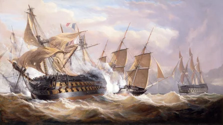 Le Guillaume Tell engagé par le H.M.S. Penelope et le H.M.S. Lion de Malte pendant le blocus, 30 mars 1800