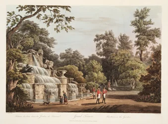 Grand Trianon, Fontaine dans le jardin, illustration de Versailles, Paris et Saint Denis, pub. 1805
