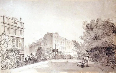 Vue de Fitzroy Square avec deux personnages tirant un rouleau de jardin, vers 1808