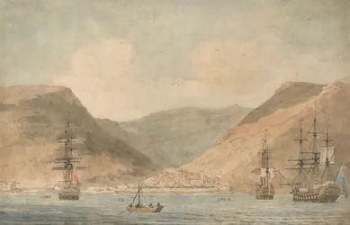 Vue de Jamestown, Sainte-Hélène, depuis la mer avec des navires