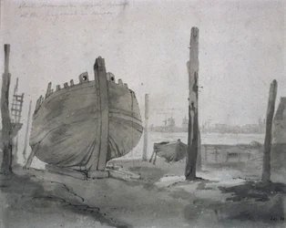 Scène de rivière avec navire au coucher du soleil