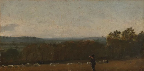 Un berger dans un paysage regardant à travers Dedham Vale vers Langham