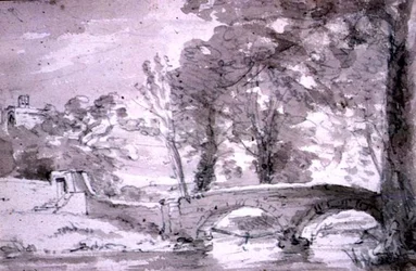 Pont avec arbres et bâtiments, à Haddon