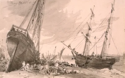 Scène côtière de Brighton avec deux navires au premier plan, 30 mai 1828