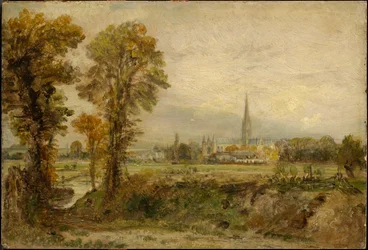 Vue lointaine de la cathédrale de Salisbury