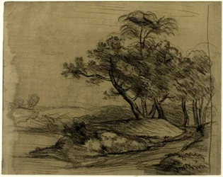 Rive avec arbres (recto) ; Troupeau de bovins sous les arbres, avec croquis du paysage en médaillon (verso)