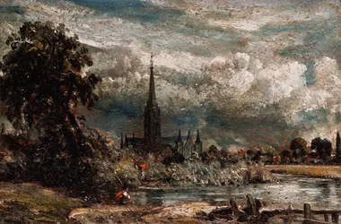 Cathédrale de Salisbury depuis Long Bridge près de Fisherton Mill