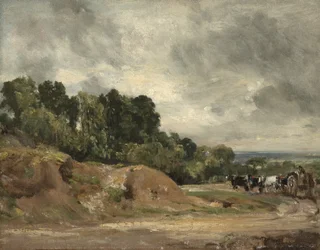 Bancs de sable et une charrette et des chevaux sur Hampstead Heath, vers 1820-25