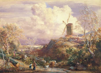 Moulin à vent sur une colline avec des conducteurs de bétail