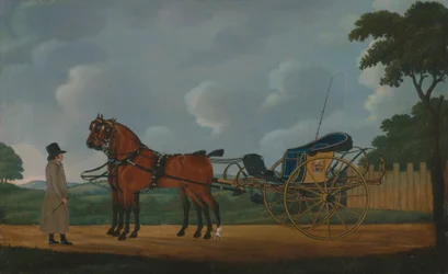 Un gentleman avec sa paire de chevaux attelés à un curricle