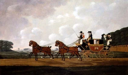 Le carrosse postal de Messieurs Richard Costar et Christopher Ibberson de Ludlow à Worcester sur la route