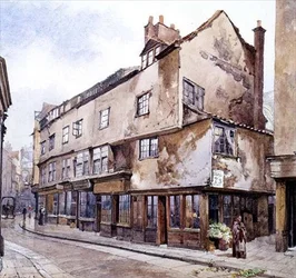 Cloth Fair, Smithfield, avec vendeur de fleurs, février 1884