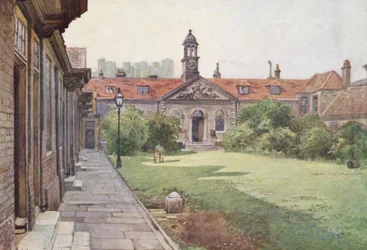 Londres perdu : Maisons de charité de Lady Dacre, façade du jardin (lithographie en couleur)