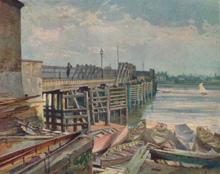 Vieux pont de Battersea, depuis la rive nord, regardant à travers la Tamise, Londres, 1885