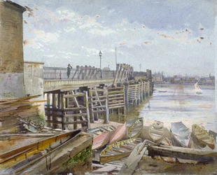 Vue du Pont de Battersea regardant à travers la Tamise, Londres